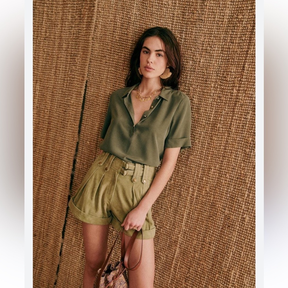 Sezane Joshua 100% Silk Short Sleeve Button collared Shirt in Khaki 36 / 4